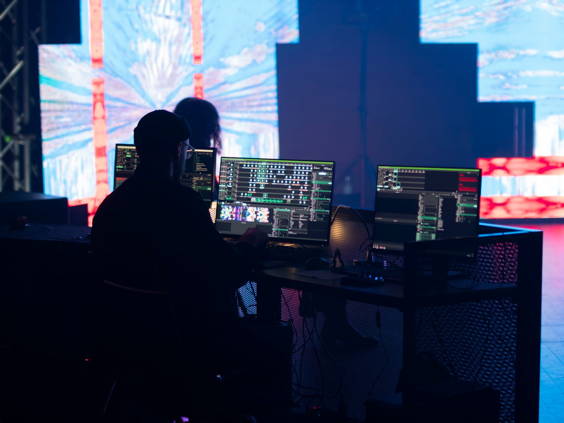 Production technician operating show equipment